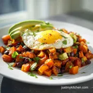 Sweet Potato Breakfast Hash with Black Beans and Avocado: Pan-Seared Crispy
