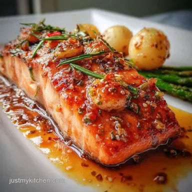 One Pan Honey Garlic Glazed Salmon Baked in 20 Minutes Recipe Card