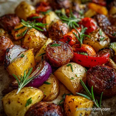 One-Pan Sheet Pan Sausage and Veggies with Roasted Potatoes: Crispy Baked Recipe Card