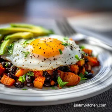 Sweet Potato Breakfast Hash with Black Beans and Avocado: Pan-Seared Crispy Recipe Card