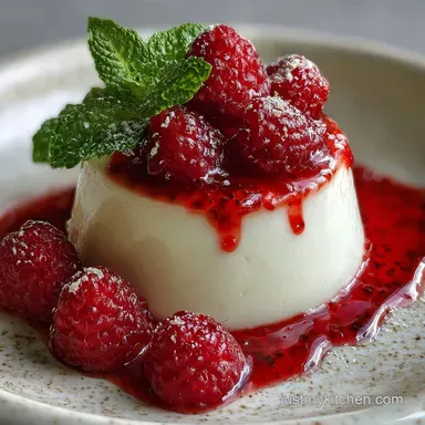 Vanilla Bean Panna Cotta with Raspberry Coulis and Fresh Mint Make-Ahead Recipe Card