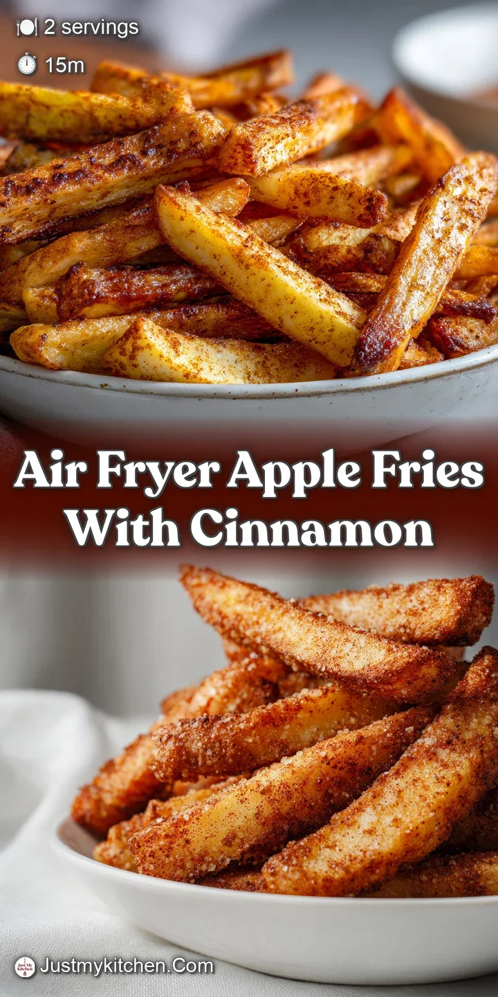 Close-up capturing the warmth and crisp texture of air-fried apple fries, generously coated in cinnamon, creating a delect...