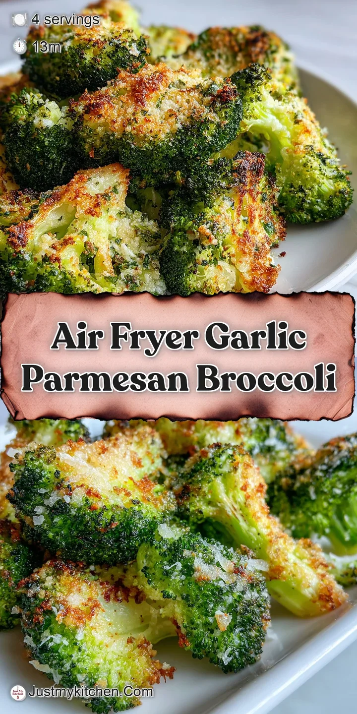 Close-up of air-fried broccoli with crispy, browned edges and melted parmesan, showcasing the dish's inviting texture.