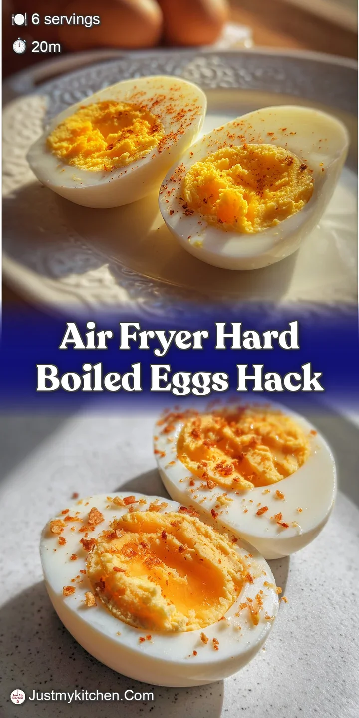 Close-up of a peeled, air-fried hard-boiled egg showcasing a slightly browned exterior and a perfectly cooked, bright yell...