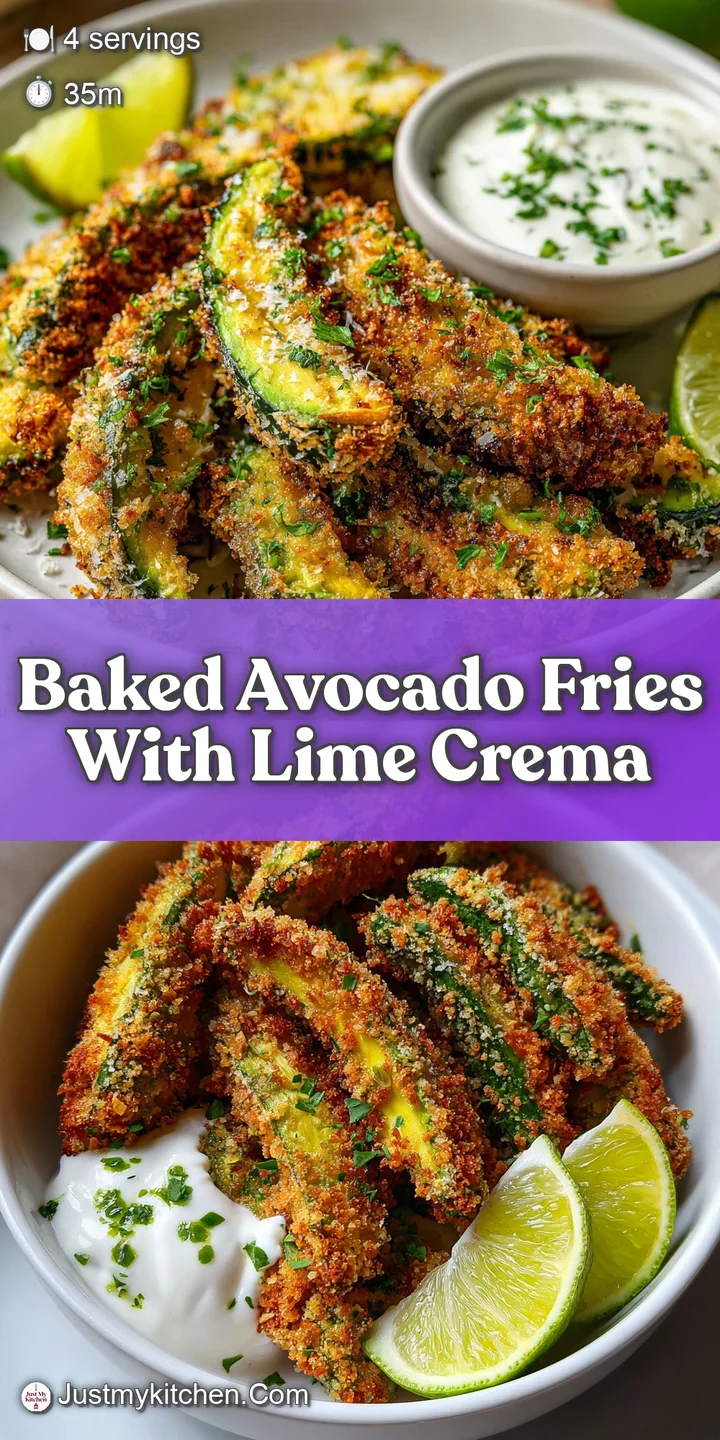 Close-up of crunchy baked avocado fries showing their golden-brown crust and creamy green interior, drizzled with tangy li...