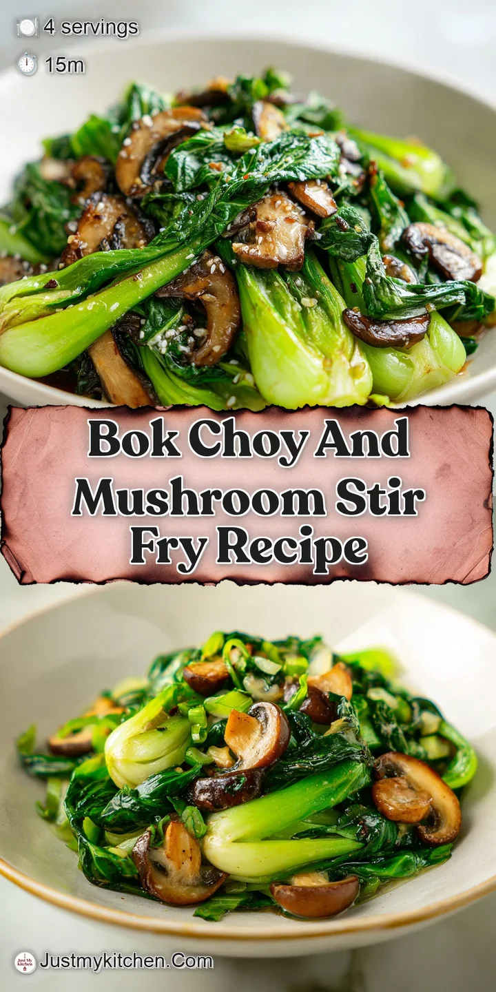 Close-up of glistening bok choy leaves and tender mushrooms, capturing the rich texture and vibrant colors of a freshly ma...