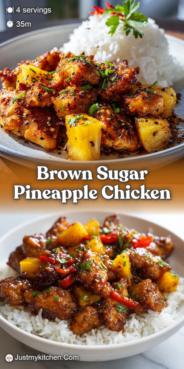 Close-up: Juicy brown sugar chicken and sweet pineapple, lightly charred and bubbling, creates an irresistible, flavorful ...