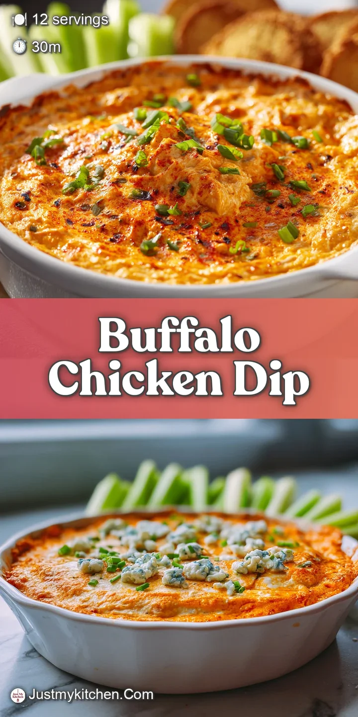 Close-up of a creamy, spicy buffalo chicken dip showing melted cheddar and swirls of hot sauce. Tempting and delicious!