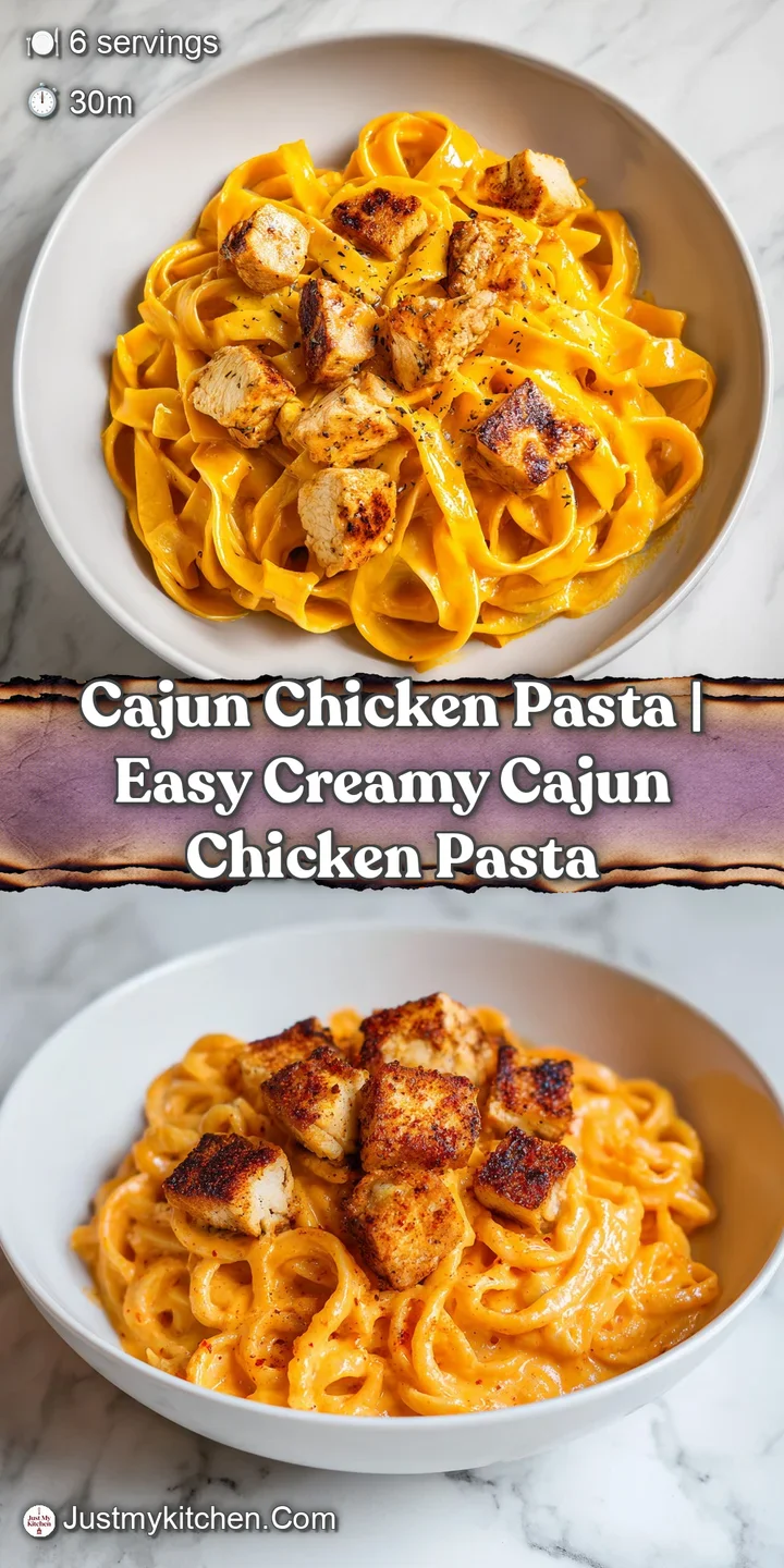 Close-up of juicy blackened chicken pieces coated in a rich, velvety orange cream sauce with al dente pasta swirls.