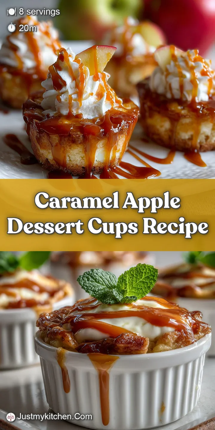 Close-up of a caramel apple cup, highlighting the layers of creamy filling, apple, granola, and glistening caramel sauce.