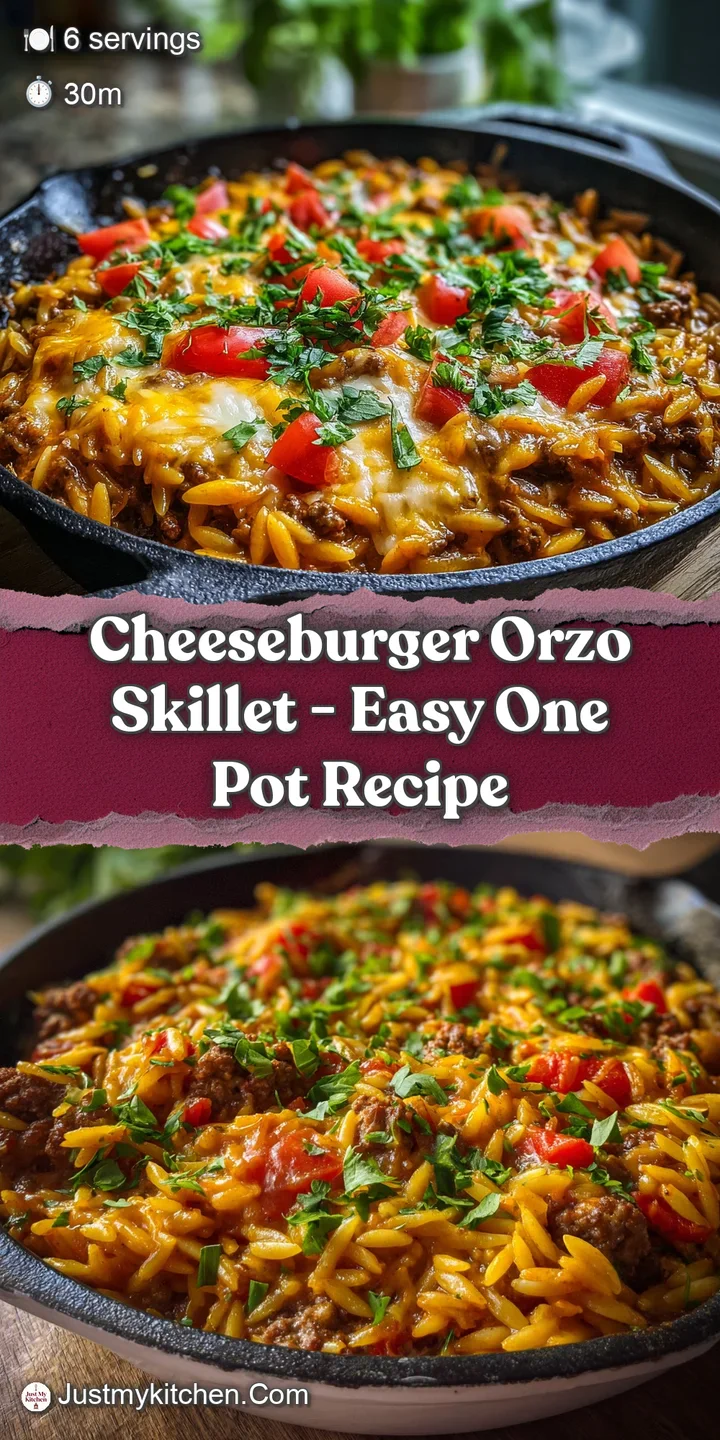 Close-up of cheeseburger orzo: juicy beef, melted cheddar, vibrant tomatoes, and glistening orzo pasta create a tasty bite.