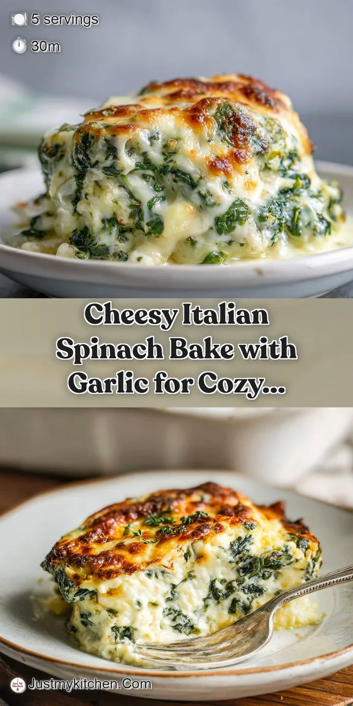 Close-up of melted mozzarella stretching over tender spinach and garlic, hints of herbs visible. A warm and comforting dish.