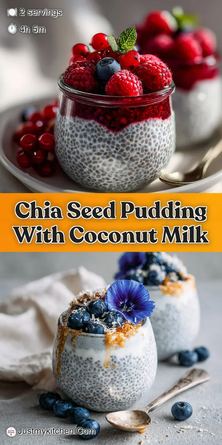 Close-up of glossy chia seed pudding. Luscious coconut milk and plump, juicy berries create a tempting texture.