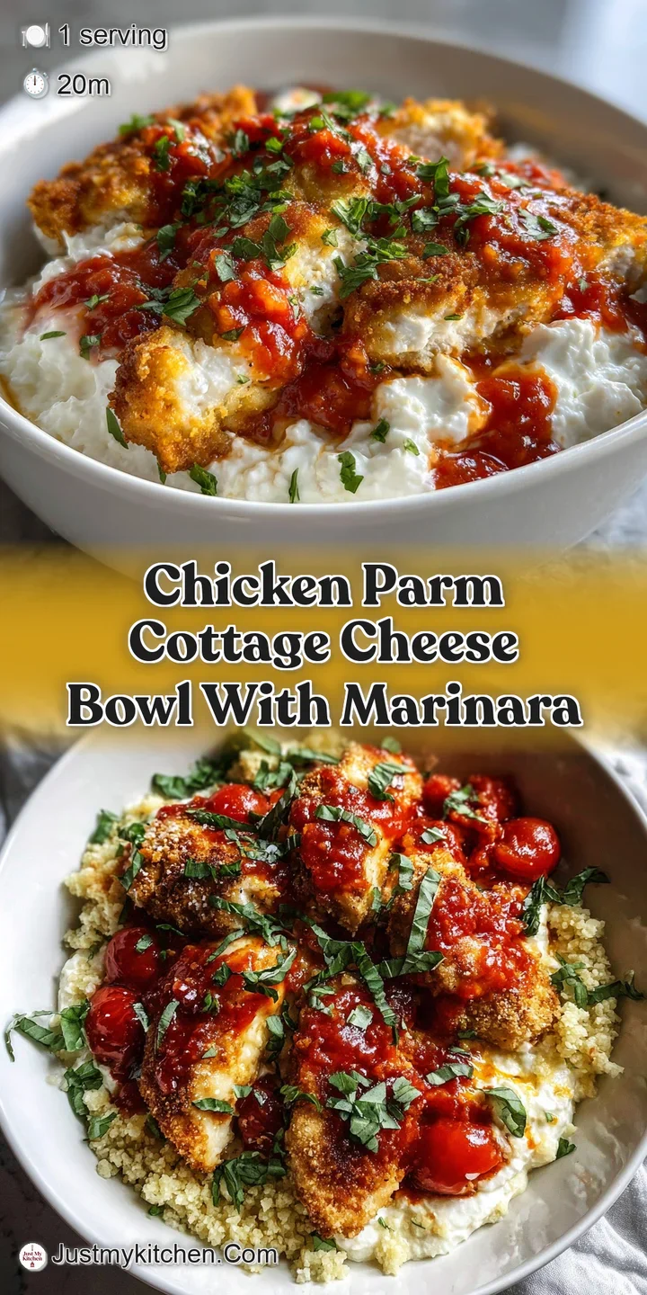 Close-up of glistening tomato sauce and melted mozzarella coating tender chicken. Cottage cheese peeks through, hinting at...