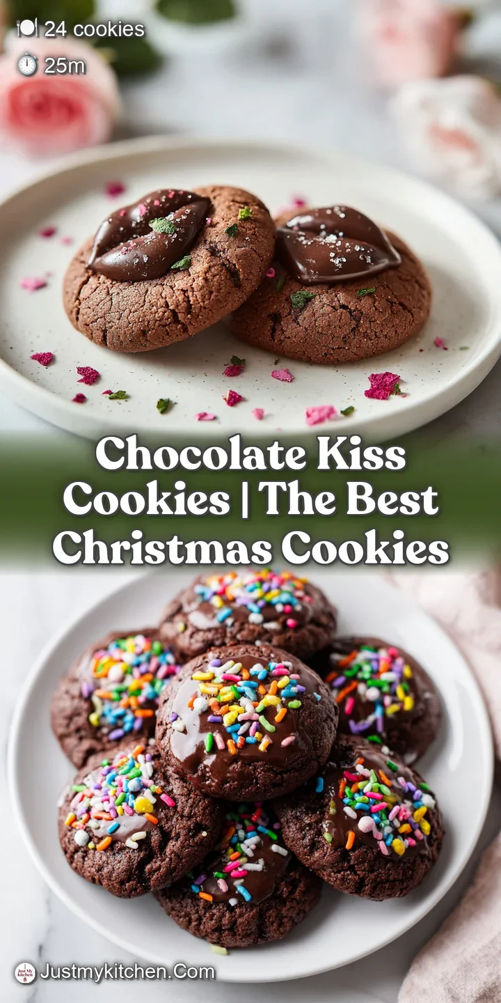 Close-up of a chocolate cookie topped with a Hershey's Kiss, its shiny chocolate contrasting with the powdered sugar dusting.