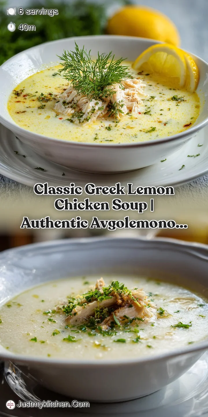 Close-up of tangy lemon chicken soup with juicy chicken, soft rice, and bright herbs floating in the golden broth.