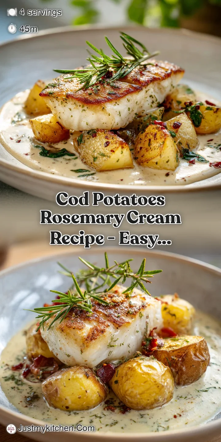 Close-up reveals moist, tender cod, soft potatoes, and a luscious creamy sauce with flecks of fresh rosemary.
