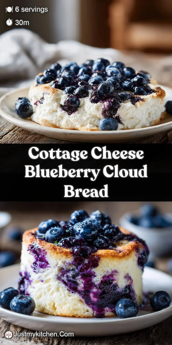 Close-up of textured cottage cheese cloud bread, bursting with plump blueberries. Soft, spongy, and subtly golden, delicious.