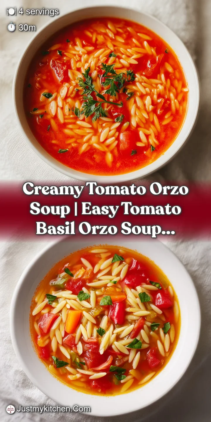 Close-up of thick, creamy tomato orzo soup, showing tender pasta and flecks of red tomato, with a glistening sheen.
