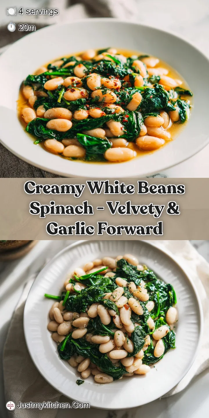Appetizing swirls of tender white beans and wilted spinach in a luscious, creamy sauce, promising a comforting bite.
