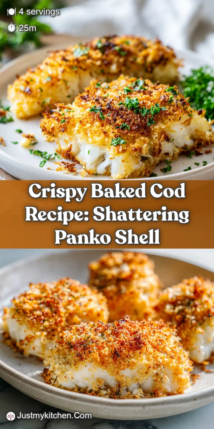 Close-up of baked cod revealing moist, white flesh under a crunchy panko topping. A squeeze of lemon adds brightness.