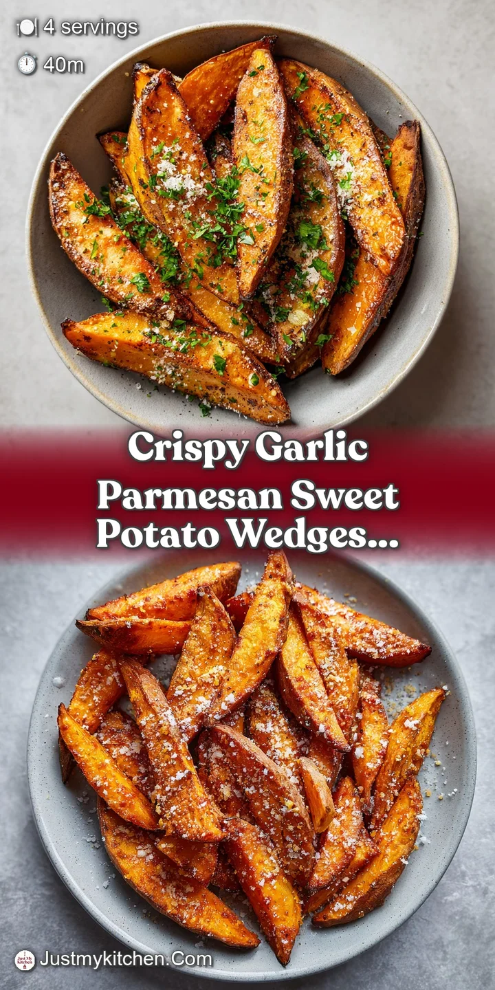 Close-up of warm, parmesan-crusted sweet potato wedges. Visible garlic pieces and flecks of herbs. Slightly glistening fro...