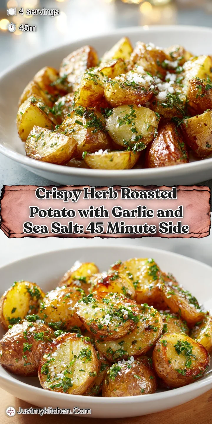 Close-up shot of a single, perfectly crisp roasted potato. The skin is crackled and flecked with herbs and visible garlic ...