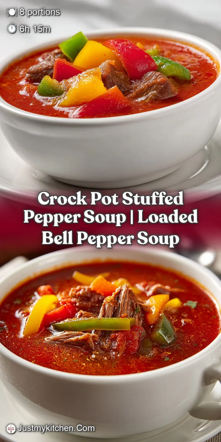 Close-up of tender diced red peppers and savory browned meat simmering in a thick, vibrant red tomato-based stew.