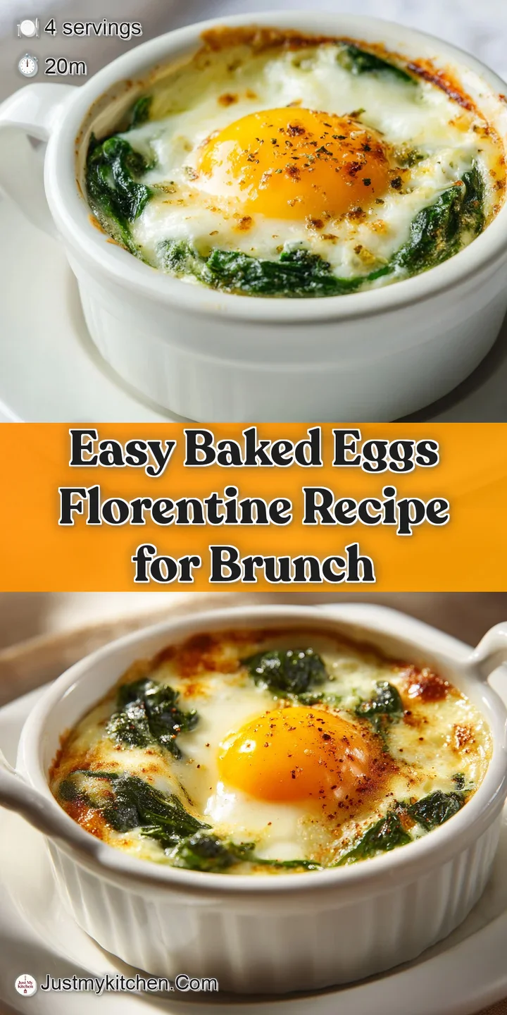 Close-up of Baked Eggs Florentine: a creamy, cheesy delight with vibrant green spinach and a perfectly runny, golden yolk....