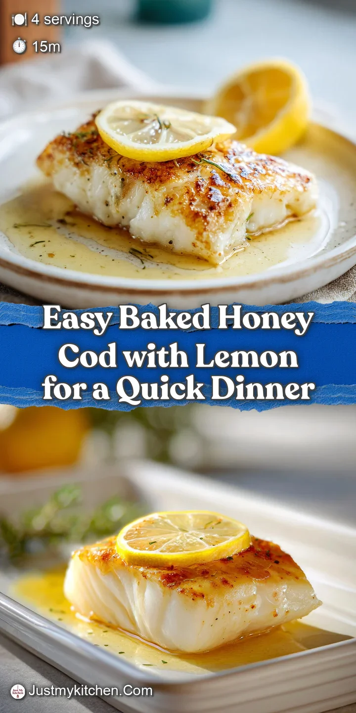 Close-up of tender, baked cod with a honey-lemon glaze, showcasing the moist, flaky texture and subtle browned edges.