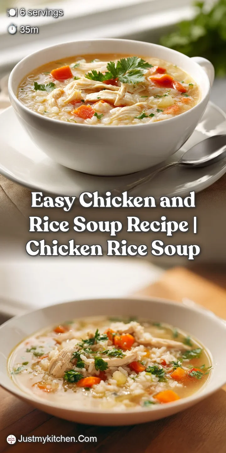 Close-up of fluffy rice and shredded chicken in a rich, savory broth, with glimpses of carrots and celery.