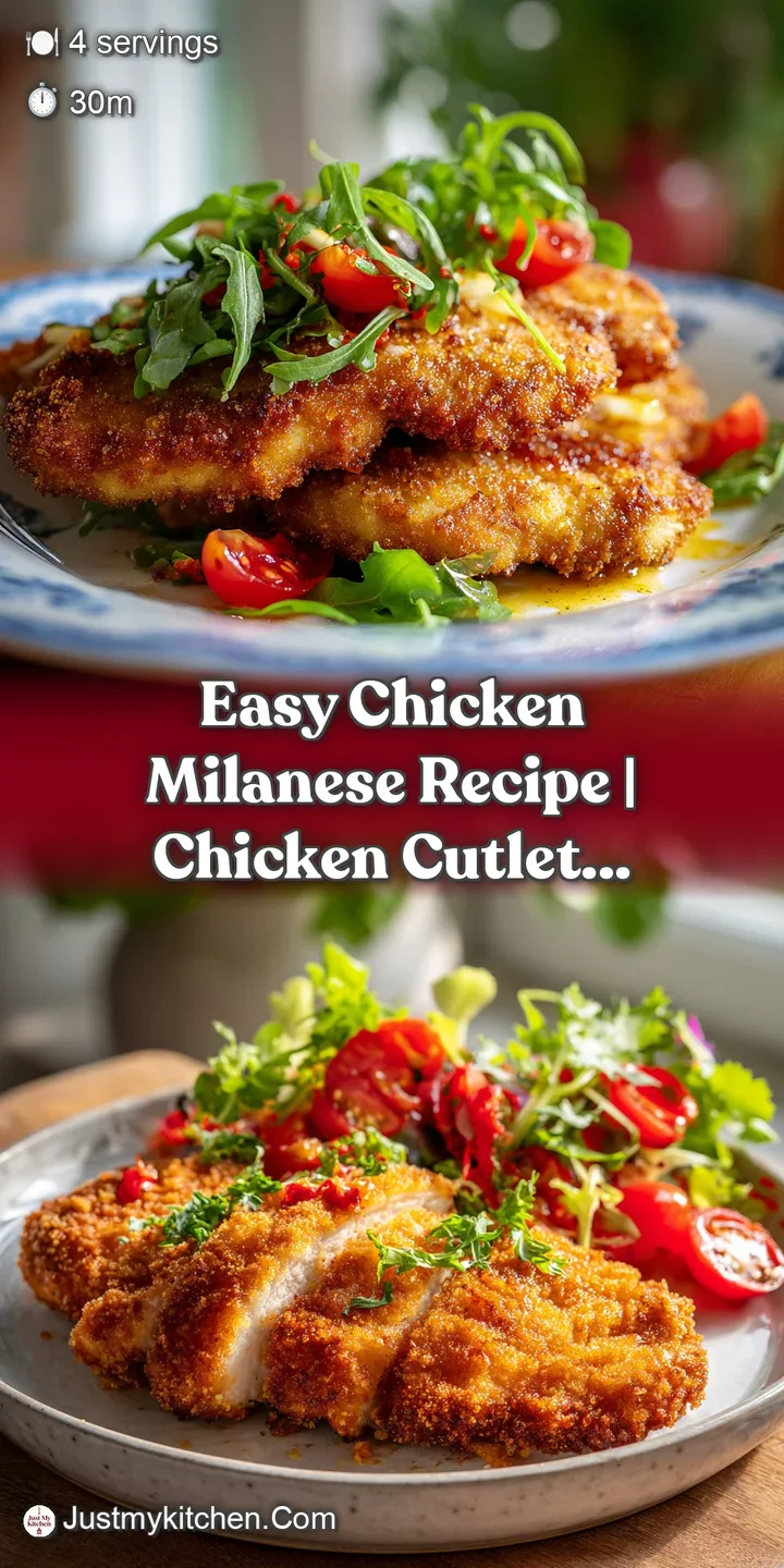 Close-up of a perfectly breaded chicken Milanese, showcasing the golden crust and juicy interior with a vibrant, fresh lem...