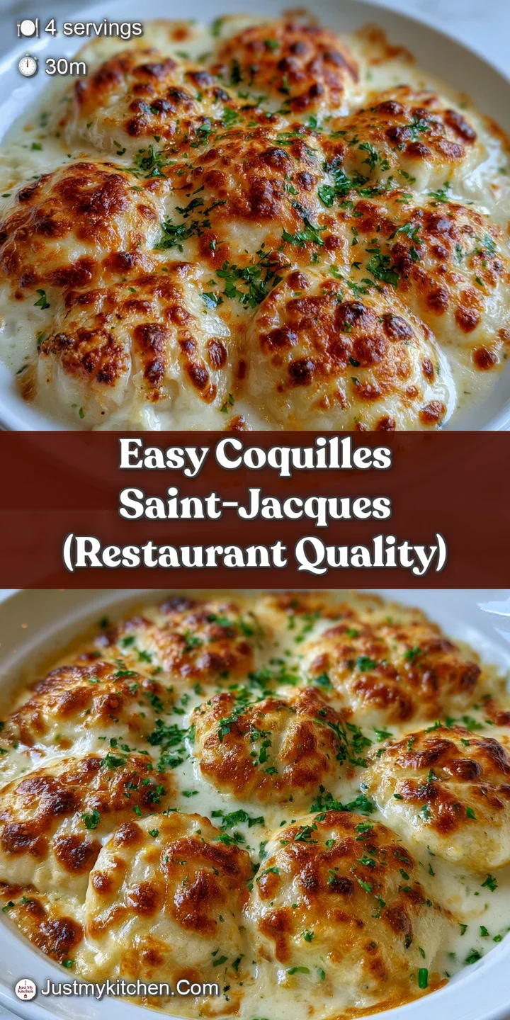 Close-up of a plump, tender scallop coated in a rich, velvety cream sauce with bubbling browned cheese edges.