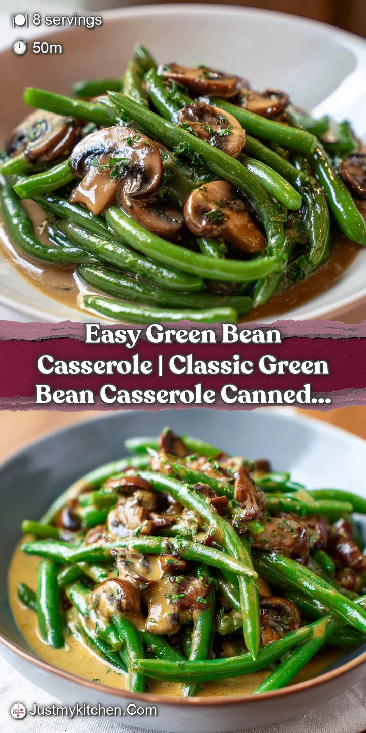 Macro shot of rich, velvety cream sauce coating tender green beans under a crust of toasted golden onions.