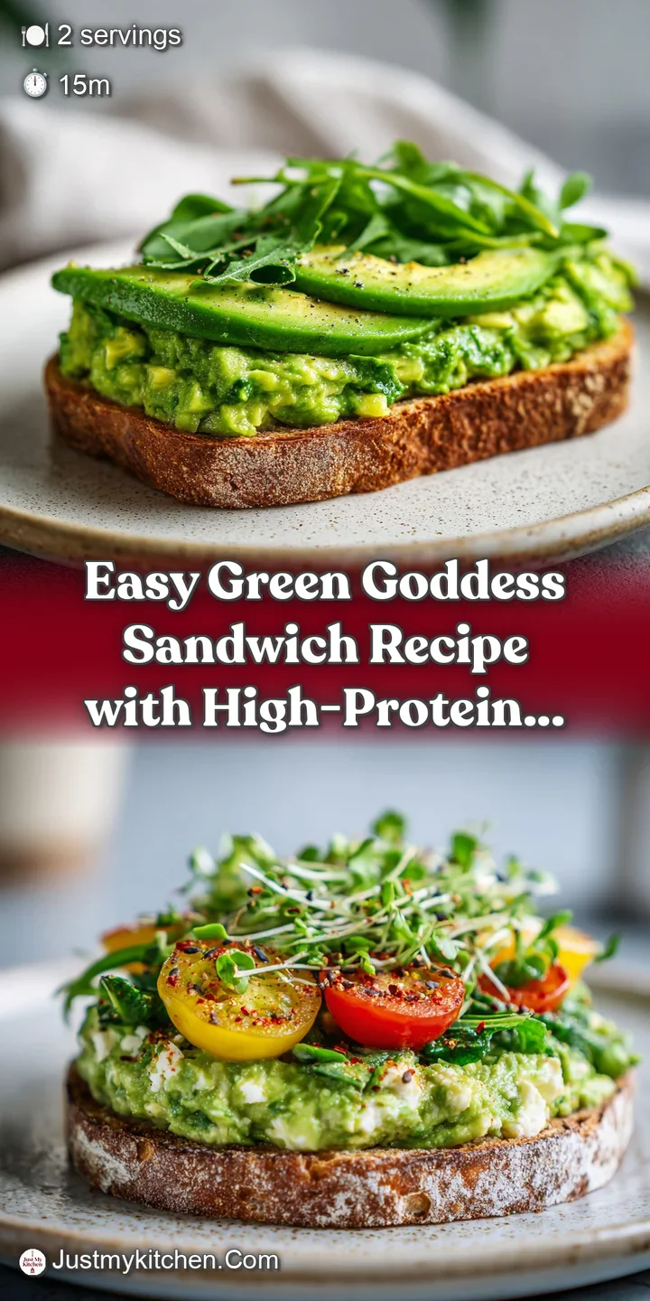 Close-up of a green goddess sandwich, showcasing the creamy, bright-green filling and toasted whole-wheat bread. Visible f...