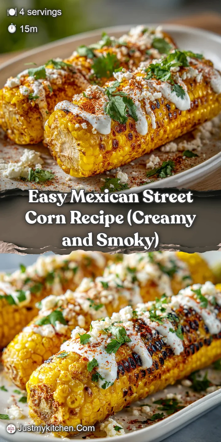 Close-up of charred yellow corn kernels smothered in zesty cream and topped with crumbly white cheese and paprika.