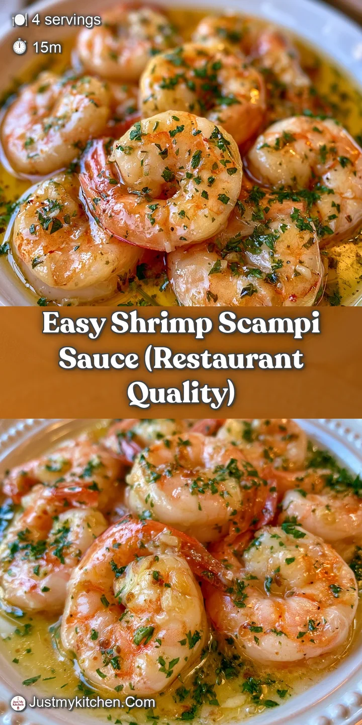 Extreme close-up of glistening pink shrimp drenched in a rich, buttery garlic sauce with flecks of green parsley.