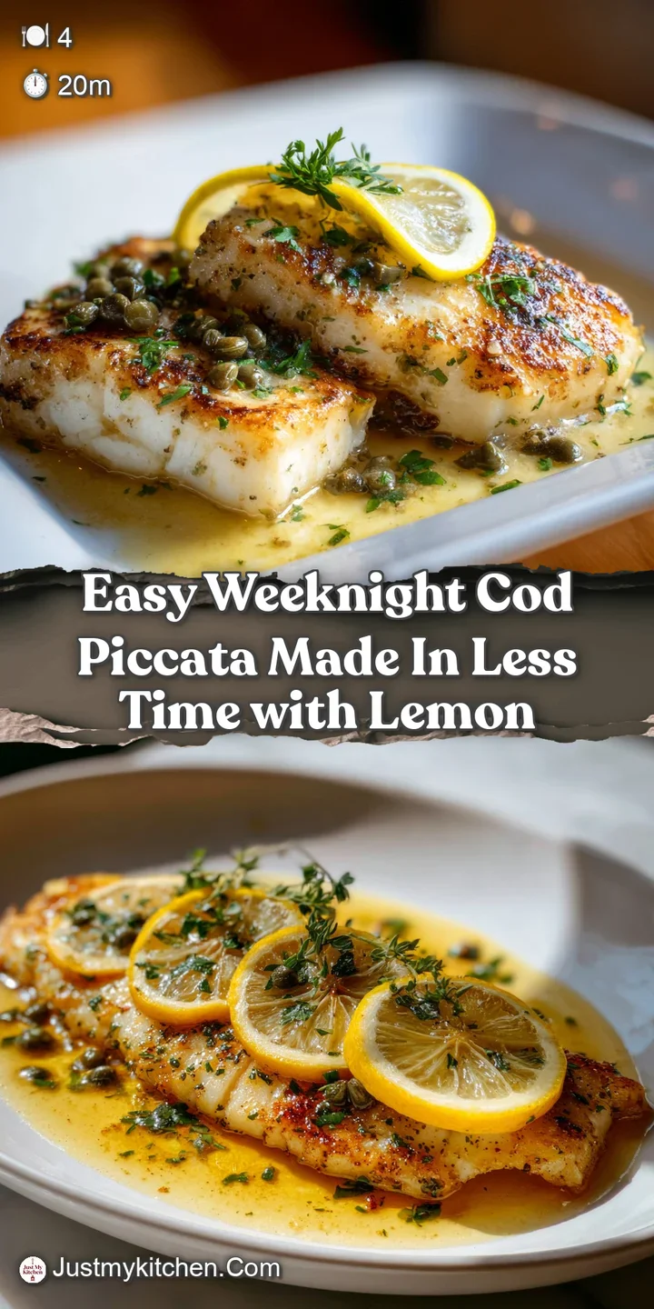 Appetizing close-up of tender cod in a rich, buttery piccata sauce with briny capers. Hints of lemon and herbs visible.