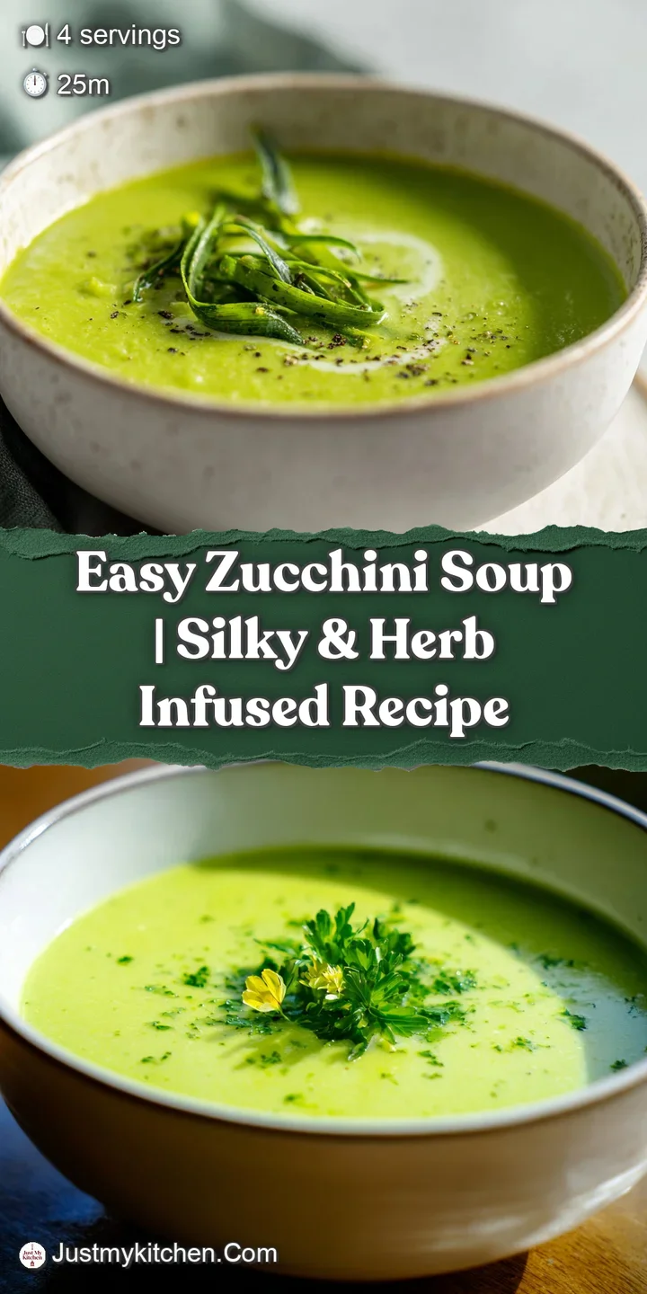 Close-up of smooth, emerald-green zucchini soup with glistening droplets and vibrant herbs. The surface looks creamy and i...
