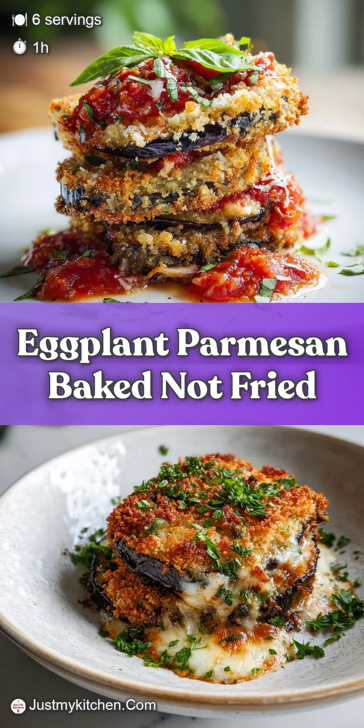 Close-up of crispy, baked eggplant parmesan. The melted cheese is stringy and browned, with hints of herbs and sauce visible.