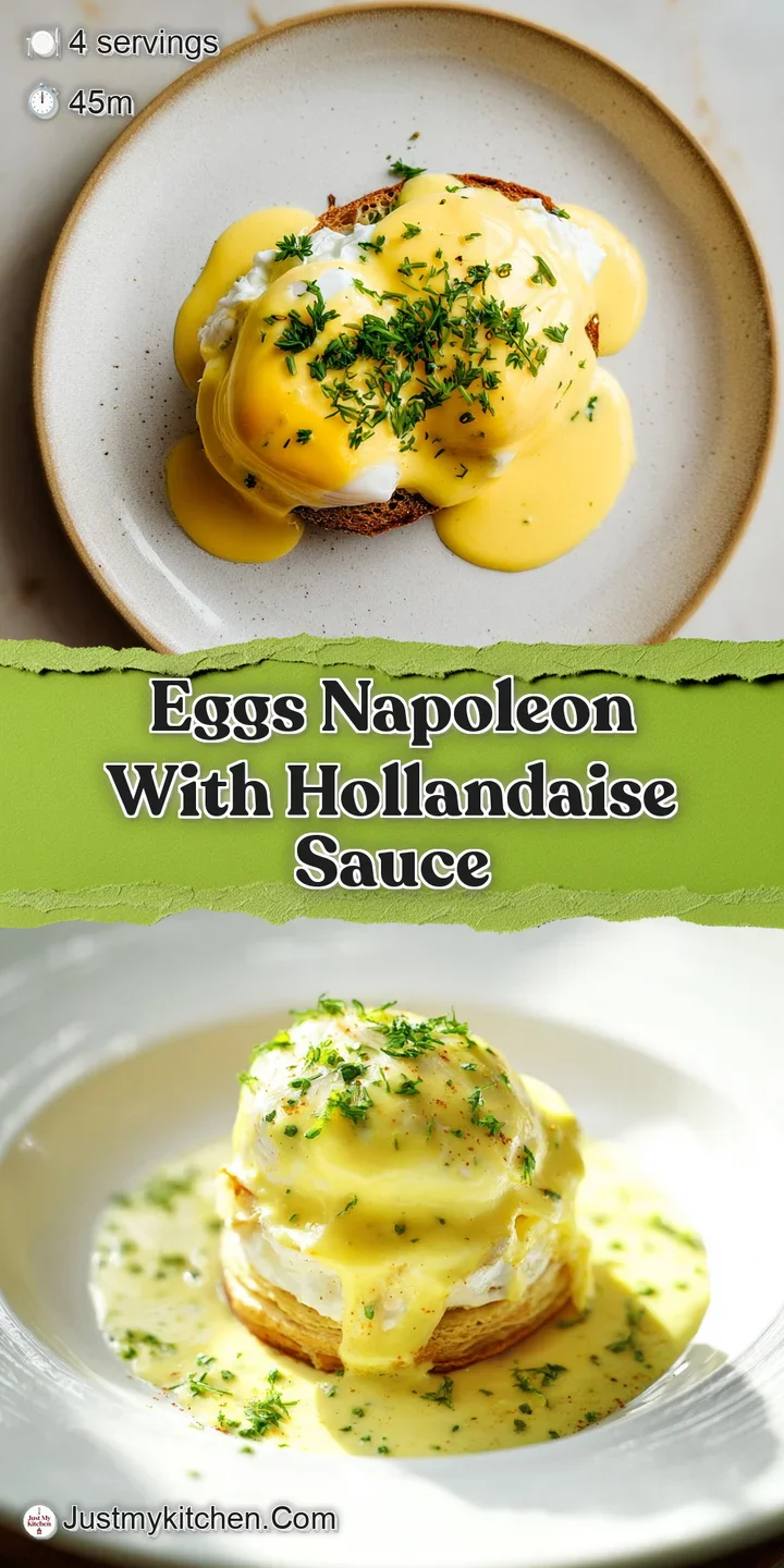 Close-up of an Eggs Napoleon; creamy, rich hollandaise sauce pools invitingly on a buttery, golden puff pastry.