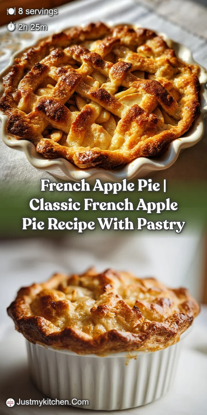 Close-up of a perfectly baked French apple pie, showcasing its buttery, golden crust and glistening, spiced apple filling.