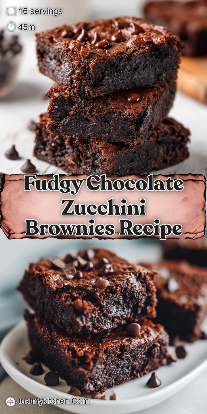 Close-up of a moist chocolate brownie with visible zucchini shreds. Crumbly edges and a rich, dark chocolate hue.
