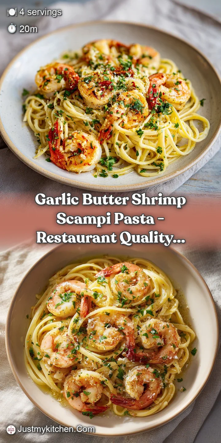 Close-up of succulent shrimp glistening in a rich, golden sauce; pasta strands coated in garlic butter, flecked with fresh...