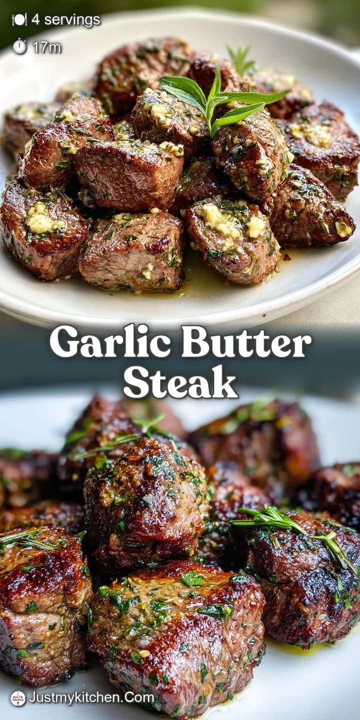 Close-up captures the juicy, dark-brown crust of the steak bites, glistening garlic butter, and a sprinkle of vibrant, fra...