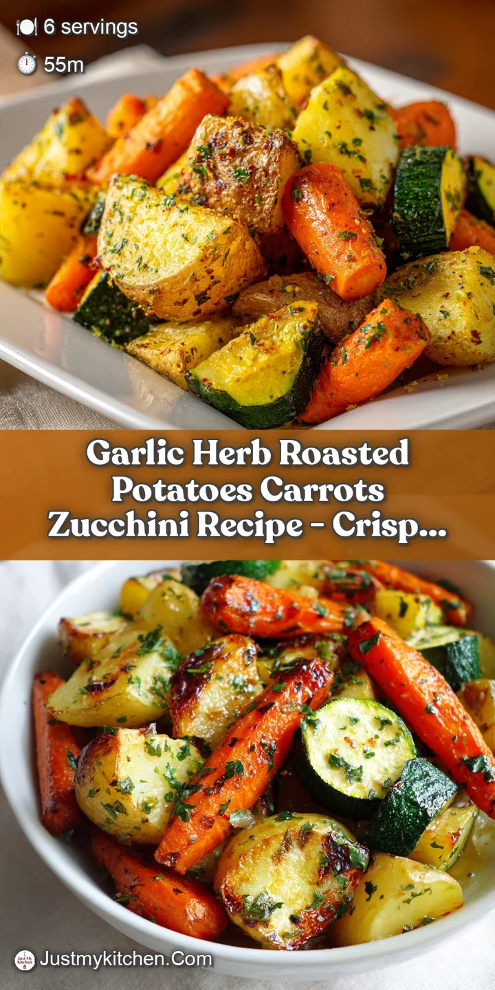 Close-up of roasted potatoes with crispy edges, tender carrots, and slightly charred zucchini, showcasing a medley of text...