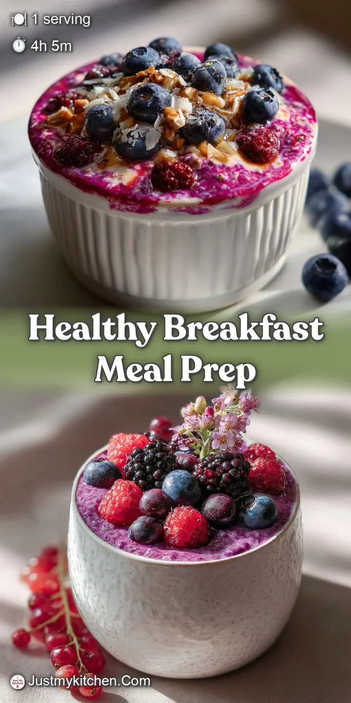 Close-up of vibrant blueberries, raspberries, and strawberries nestled in creamy overnight oats. Fresh, cool, and inviting.