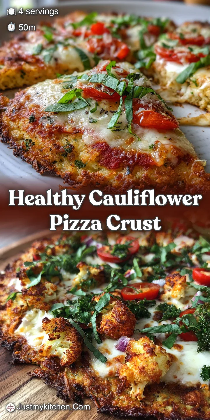Close-up of a cauliflower pizza reveals a golden-brown crust with bubbling, melted cheese and colorful vegetable toppings.