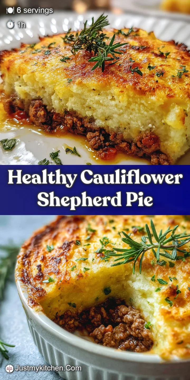 Close-up: bubbling, savory ground meat filling topped with creamy, browned cauliflower mash and fresh herb sprigs.