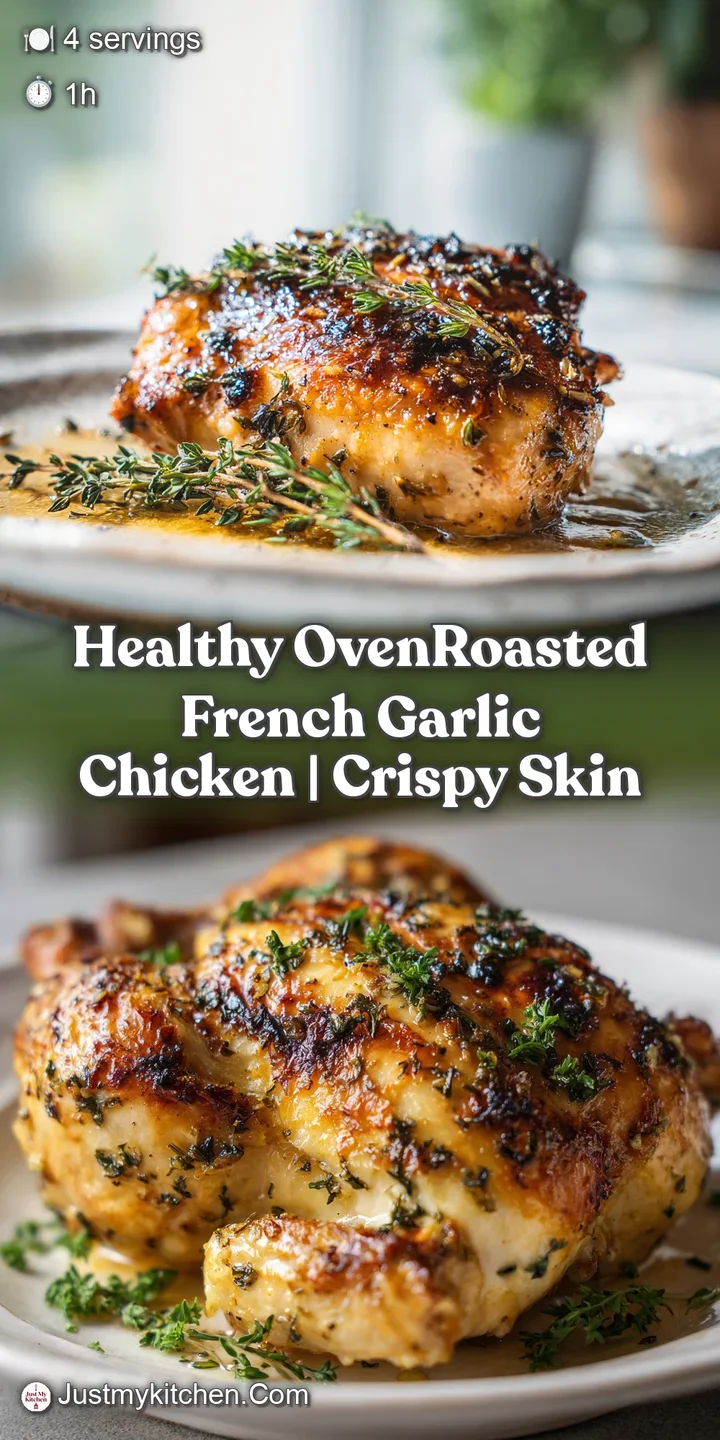 Close-up of juicy roasted chicken skin, flecked with fragrant herbs and plump, golden garlic. Mouthwatering and aromatic v...